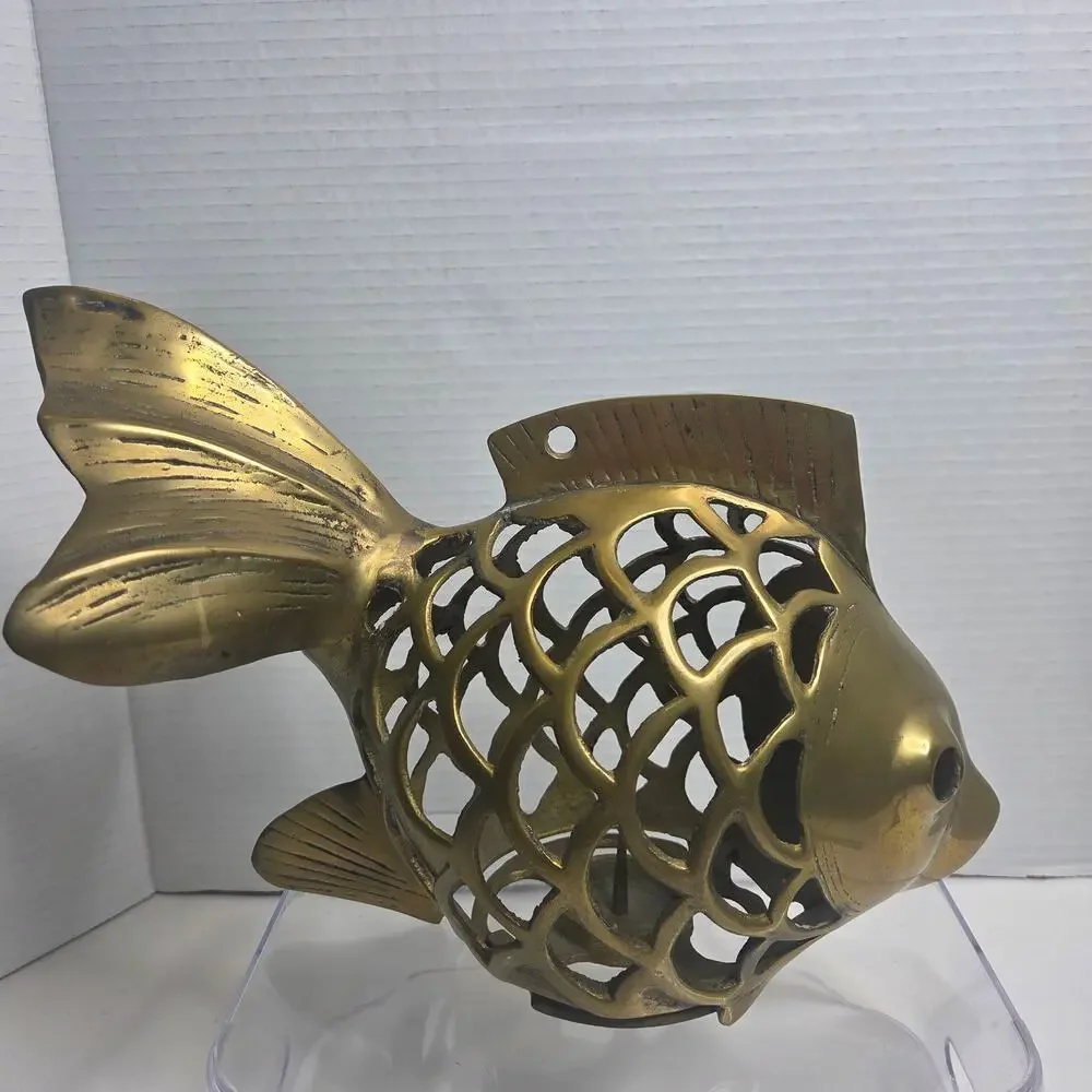 Vintage 1960's Mid-Century Brass Koi Fish Lantern Candle Holder Home Decor